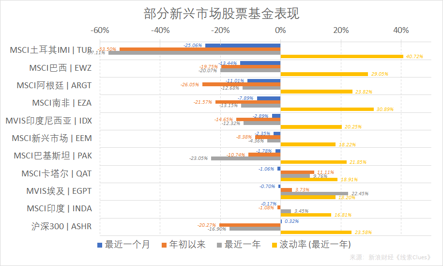 美股市场上部分新兴市场股票基金表现，数据截至8月31日收盘（图片来源：新浪财经）