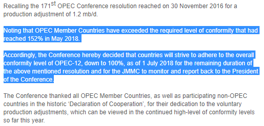 6月22日，OPEC维也纳会议总结中与增产相关的内容（来源：OPEC，新浪财经整理）