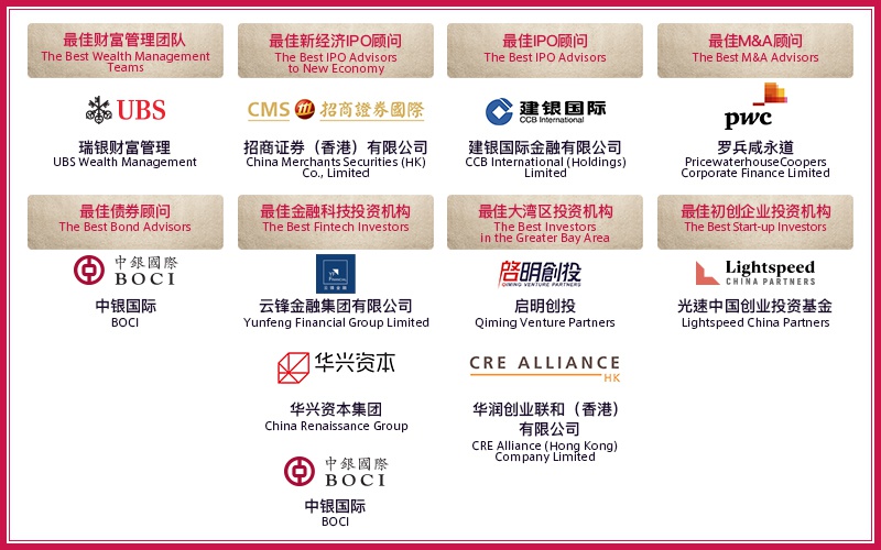 在2019香港飞亚奖评选中,瑞银财富管理、招商证券国际、建银国际、PwC罗兵咸永道、中银国际、云锋金融、华兴资本、启明创投、华润创业联和、光速中国等十家机构分享了八项殊荣(图片来源:新浪财经)