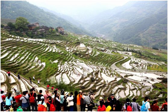 2013年我国第三产业增加值比重首次超过第二产业，达到46.1%。2015年，我国第三产业增加值比重为50.5%，首次突破50%。图为2018年4月30日，游客在广西龙胜龙脊古壮寨观赏梯田美景。2018年“五一”假日，国内旅游收入871.6亿元，同比增长10.2%。新华社发（王滋创 摄）