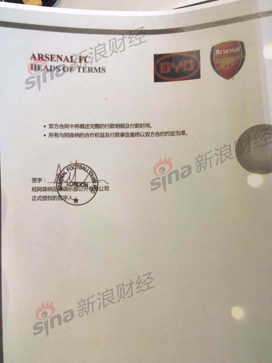 图为比亚迪上海公司与阿森纳俱乐部签署的协议。
