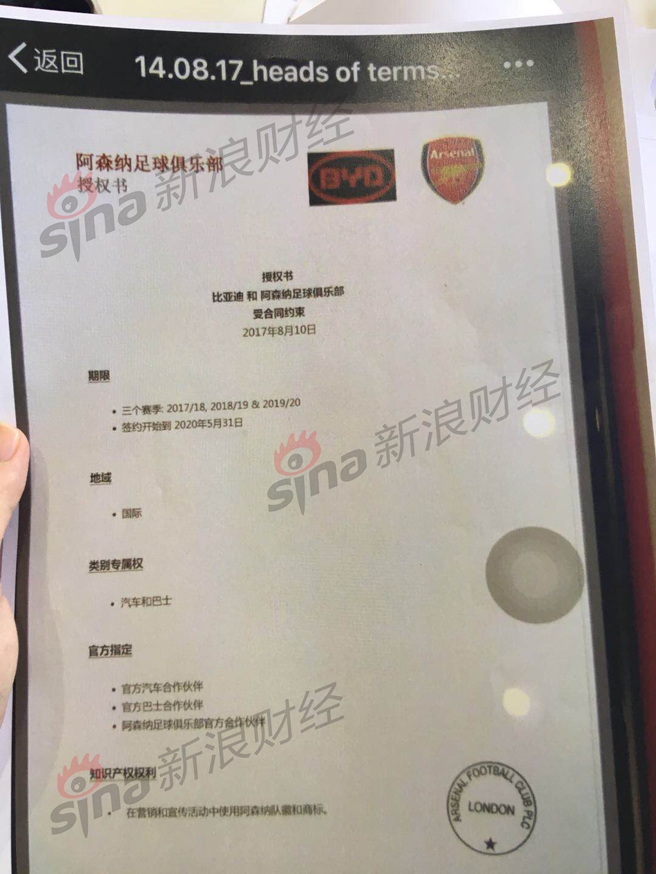 图为比亚迪上海公司与阿森纳俱乐部签署的协议。