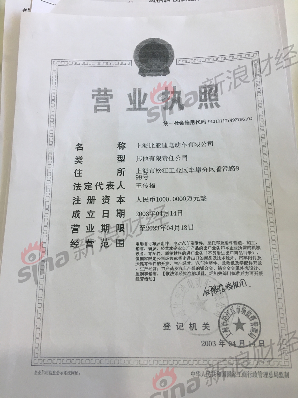 图为上海比亚迪电动车有限公司营业执照