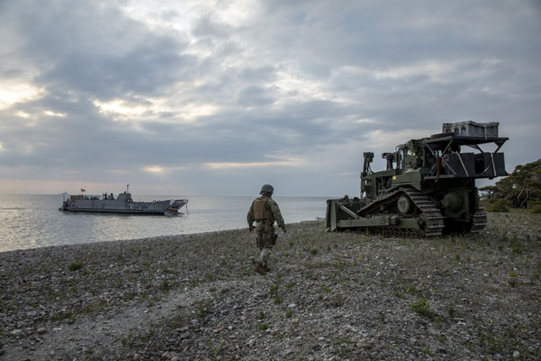 2022年6月7日,一名美國海軍陸戰隊員在瑞典哥特蘭島一處軍事靶場參與軍事演習。圖源:外媒