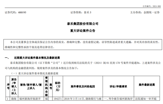 因子公司未按时足额偿还贷款本息19.43亿元，泰禾黄其森夫妇遭渤海银行起诉