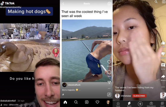 短视频应用界面都相似 　　从左到右：TikTok、Reels、Shorts