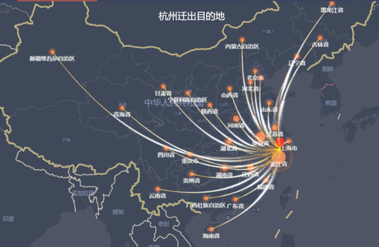 1月25日,杭州迁出目的地主要省份。图自百度迁徙地图