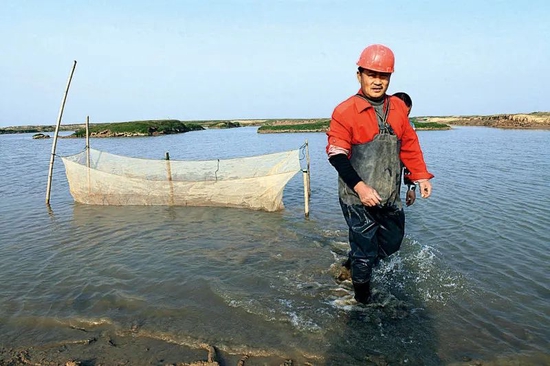昌邑乡野保站附近湖面养殖鱼苗的渔民