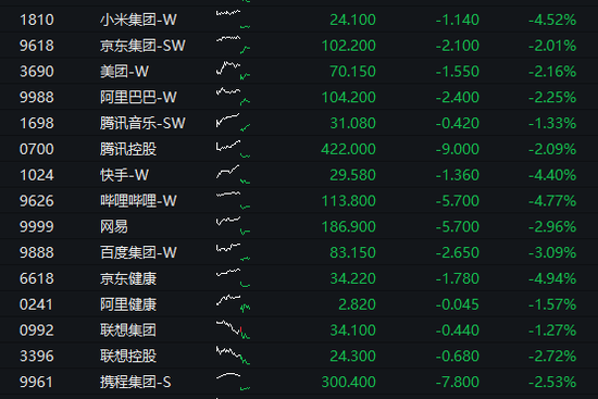 恒指失守24000点创三月来最大跌幅,恒科指下挫超2%创2年新低,权重科网股集体下跌、腾讯阿里均跌2%
