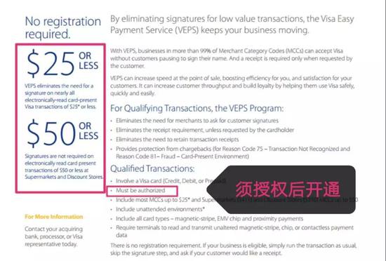 记者在VISA官网查询后发现,VEPS单笔支付限额最高为50美元(约合340元人民币),且开通该功能必须得到用户事前授权。(图片由记者提供)