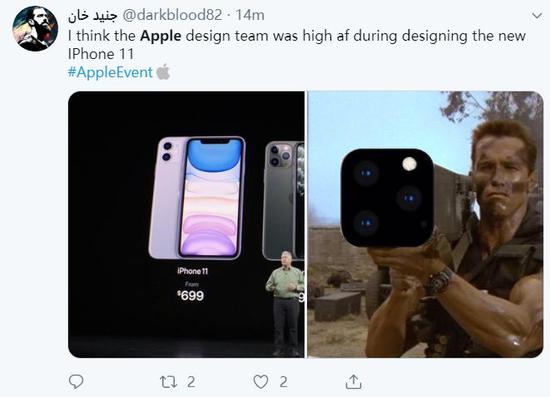 我觉得苹果设计团队在设计iPhone 11的时候肯定喝大了（Twitter截图）