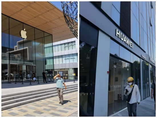 Caption: Apple and Huawei flagship stores in Sanlitun.