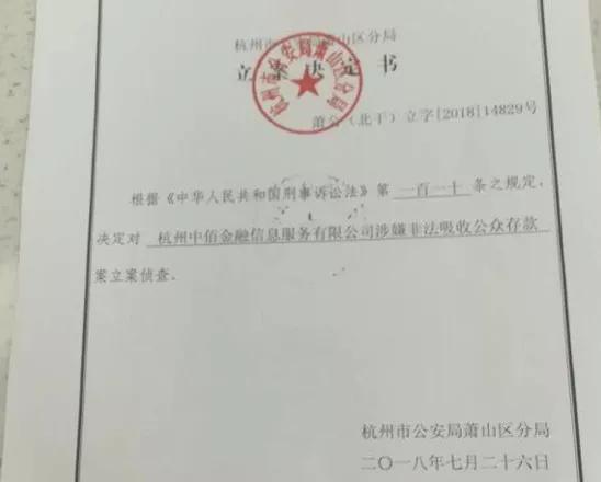 上图为有理树（中佰金融）立案决定书