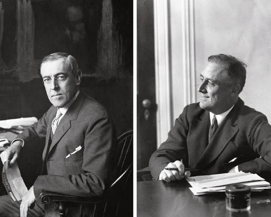 左：托马斯·伍德罗·威尔逊（1856年-1924年），美国第二十八任总统。右：富兰克林·德拉诺·罗斯福（1882年-1945年），美国第三十二任总统。