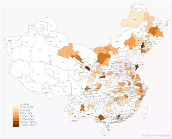 截至2006年各地已开建新城的规划面积(单位:km2)