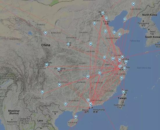 顺丰空运网络主要航线图（可以看到杭州和深圳的航线最为密集）