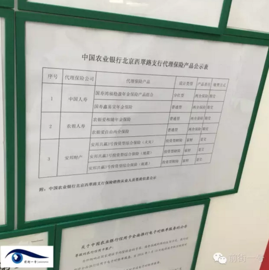 前街一号（微信：qianjieyihao）记者在中国农业银行西翠路支行的大厅公告栏中看到，该支行目前代理的保险产品包括中国人寿、农银人寿、安邦财产3家保险公司的7款产品，西翠路支行的客户经理、柜员、大堂经理都具备保险销售从业人员资质。