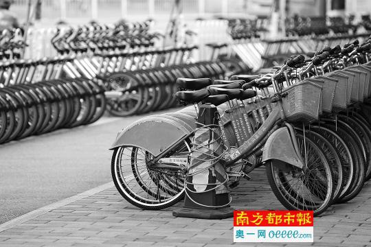     1月6日，广州天河公园北门附近，远处大量投放的颜色相似　　　的共享单车对公共单车形成了包围之势。