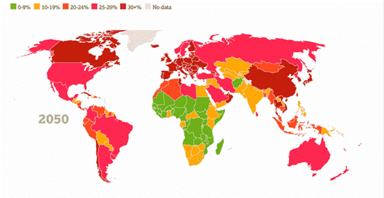 (2050世界各地老龄化程度及分布来源：华盛顿大学)