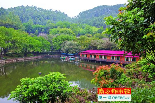 九龙道山庄园的湖上有游船、湖边有水寨餐厅。
