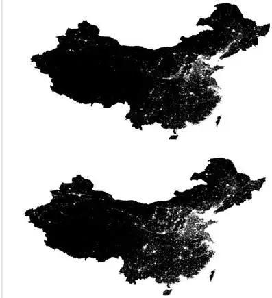 中国整体夜间灯光亮度分布，东、中、西部的比较。上图为1992年，下图为2012年（数据来源：NOAA）