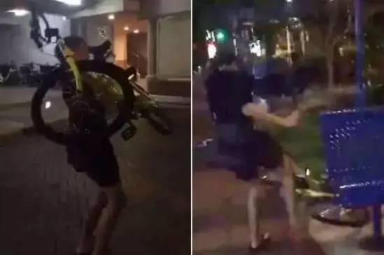 ▲4月17日，一名新加坡少年丢掷和踢踩ofo单车的视频被上传到社交媒体上。