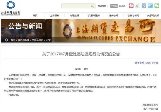 上期所:7月处理异常交易71起 频繁报撤单超限
