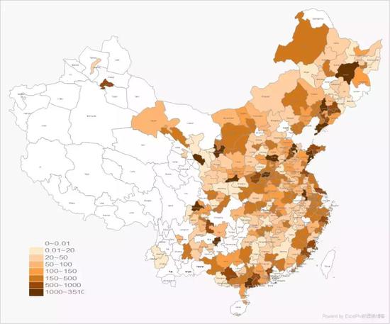 截至2014年各地已开建新城的规划面积(单位:km2)