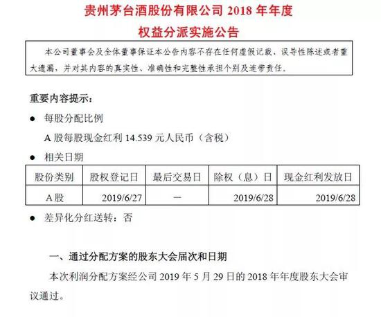 ▲贵州茅台每股派发现金红利14.539元（含税）来源：贵州茅台2018年年度权益分派实施公告