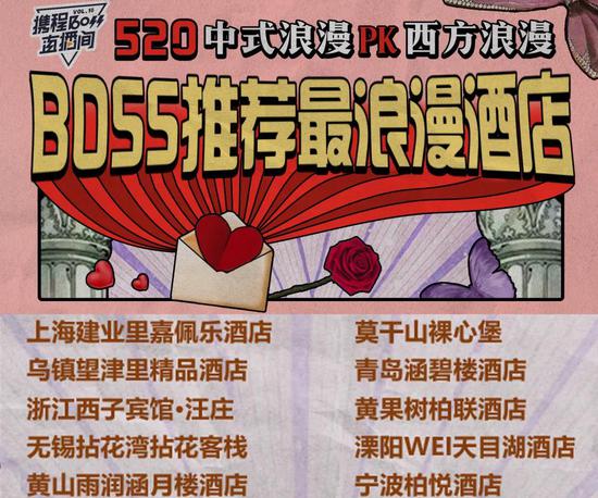 梁建章在直播中公布“520十大浪漫酒店”