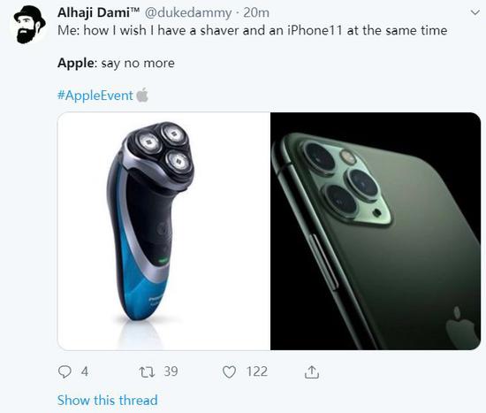 我：我真想同时拥有剃须刀和iPhone 11  苹果：我懂了（Twitter截图）