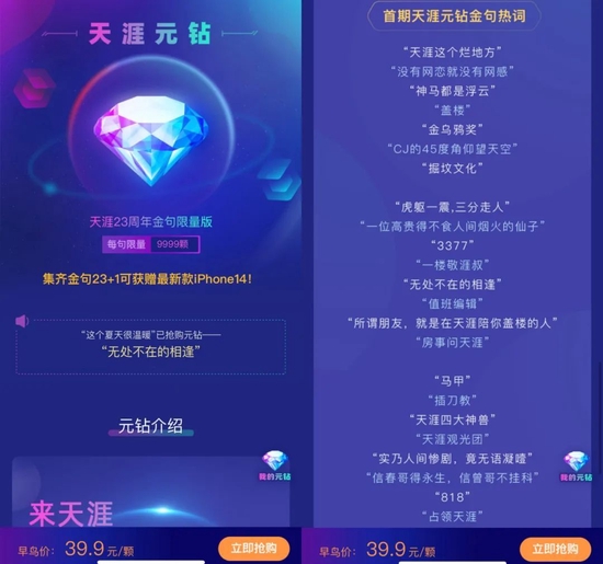 图/天涯社区推出的元宇宙产品“天涯元钻”
来源/“天涯元钻”产品介绍页 燃次元截图