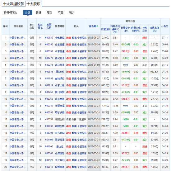 平安人寿持股列表(部分)