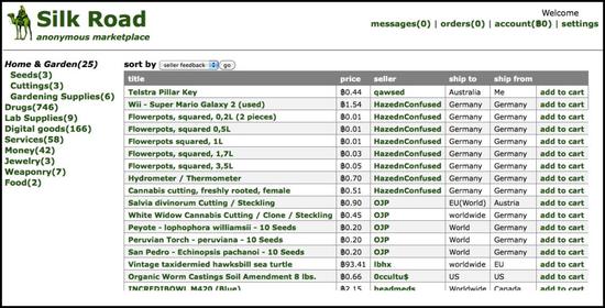 丝绸之路主页截图,注意“账户”列单显示比特币为货币