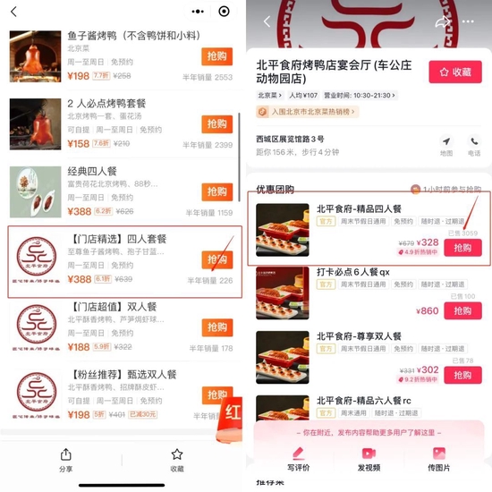 Sales of group purchase coupons for Peking restaurants on Meituan (left) and Douyin (right)