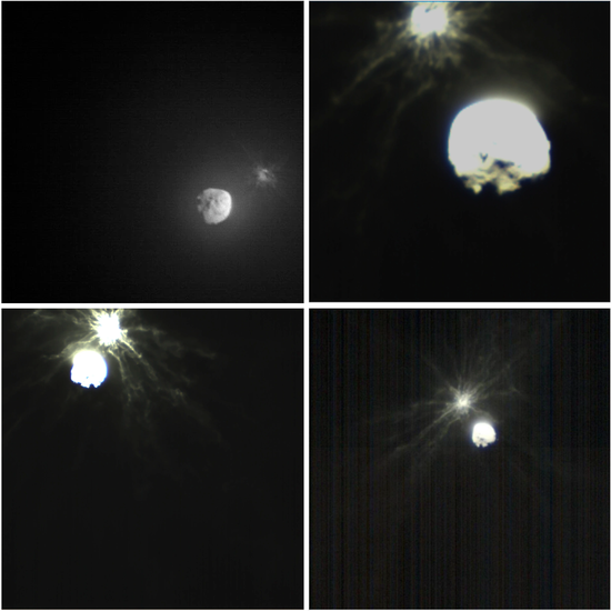 由LICIACube拍摄的四张小行星迪莫佛斯被DART探测器撞击前后的图像