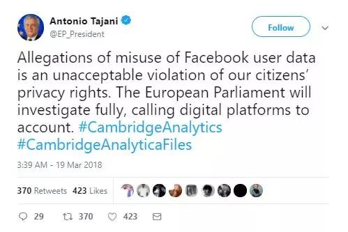 ▲欧洲议会议长塔亚尼（Antonio Tajani）在推特上点名Facebook