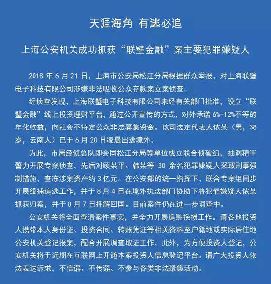 联璧金融涉嫌非吸 主要犯罪嫌疑人已被上海警