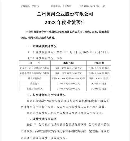 主业不振，炒股亏损，“西北啤酒王”兰州黄河预亏超3600万