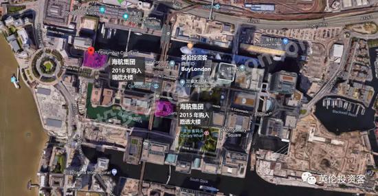 紫色为海航集团位于伦敦金丝雀码头的两处物业