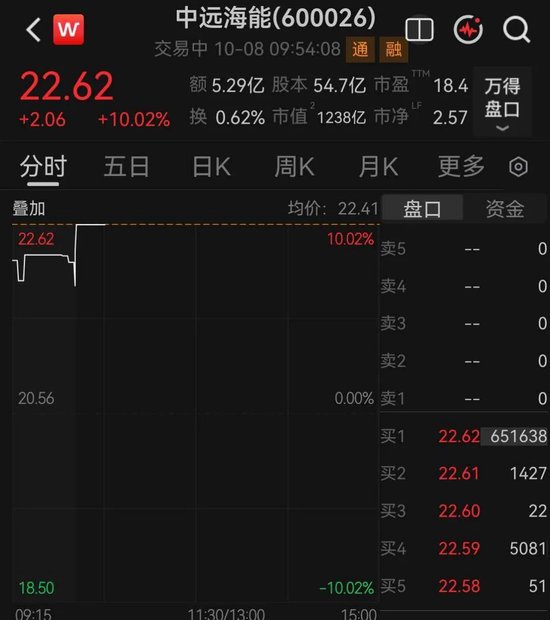 千亿航运龙头中远海能，1分钟涨停