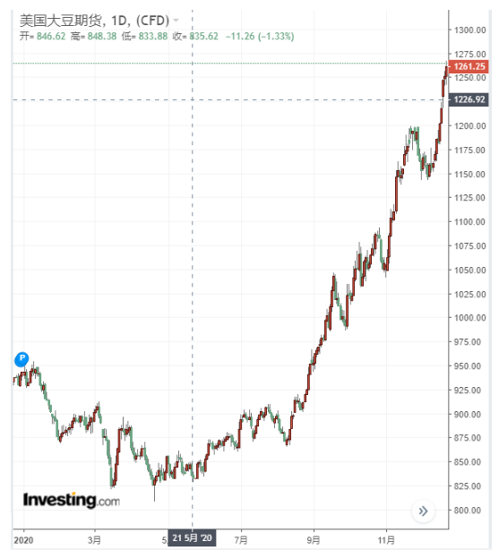 美国大豆日线图,来源:英为财情Investing.com