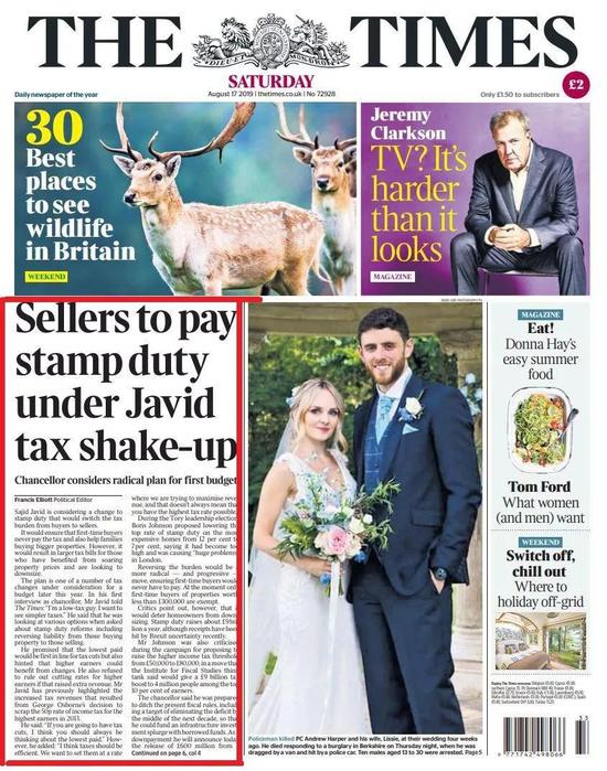 图说:财政大臣贾伟德接受《泰晤士报》专访时表示,将改革英国的房产交易印花税政策,免除自住房买家的印花税,改由卖方缴纳。