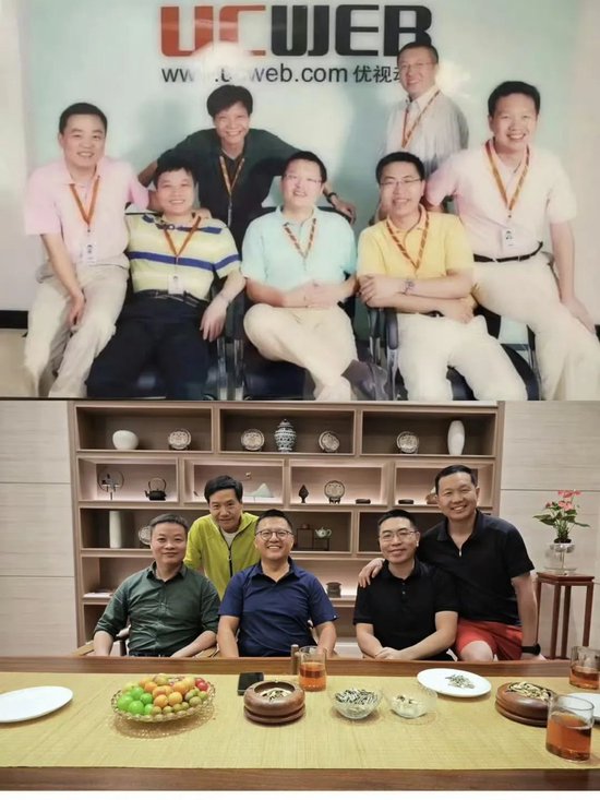 2024 年 8 月,雷軍與 “UC 四劍客” 重聚(下圖前排左起:何小鵬、俞永福、梁捷、朱順炎;後排:雷軍)。