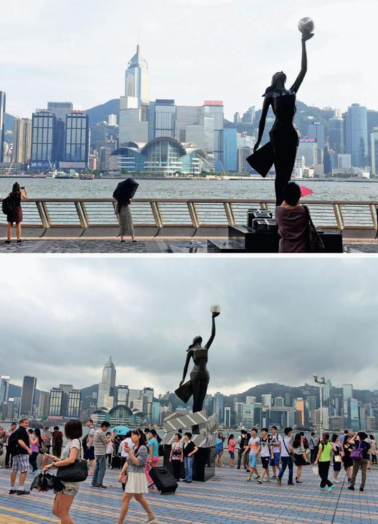游客在香港尖沙咀星光大道游览。上图摄于2019年8月20日,下图摄于2015年5月1日。图/ 新华
