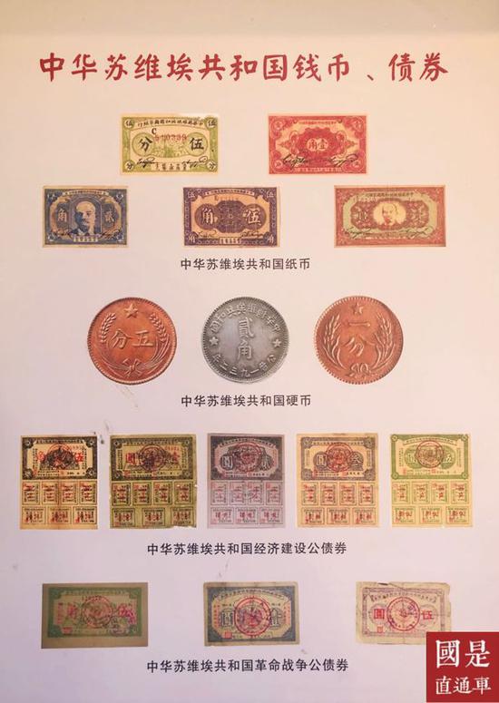 中华苏维埃共和国国家银行最早发行的钱币和债券。中新社 魏晞 摄
