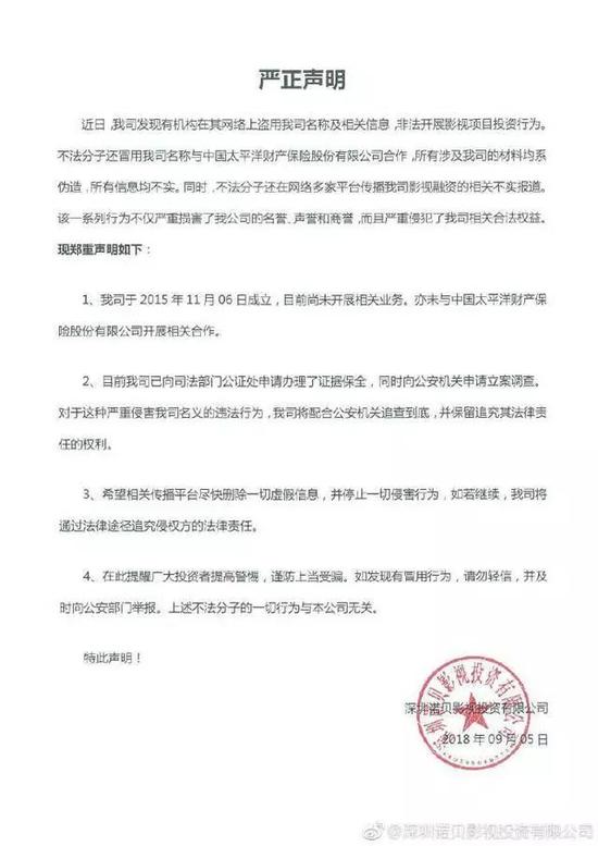 深圳诺贝影视投资有限公司的公告