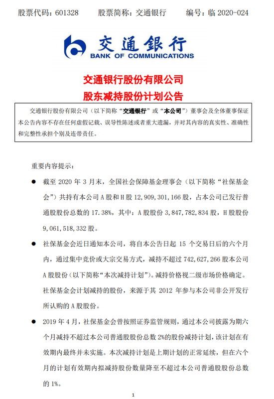 社保基金突然出手:要大举减持交行7亿股 原因为何?