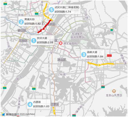点击查看大图 图注:4月8日武汉早高峰拥堵延时TOP5道路