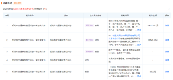 ▲閃送有多條關於機動車交通事故的法律訴訟(來源:天眼查)